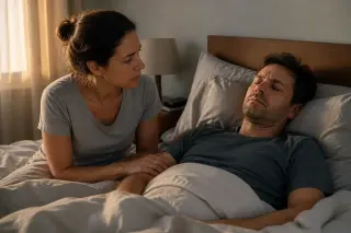Man sleeping restlessly in bed at dawn, while his concerned partner watches over him, in a softly lit bedroom.