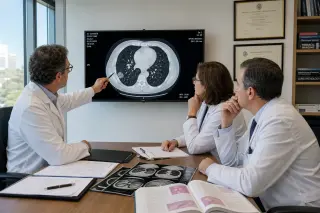 Three medical specialists discussing lung CT scans in a bright hospital meeting room, collaborating closely around a table.