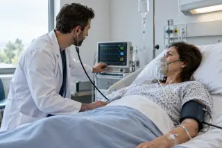 médecin examinant une femme adulte sous oxygène dans une chambre d’hôpital moderne, atmosphère réaliste et calme