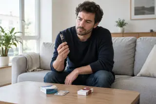 Un adulte pensif assis dans un salon moderne, manipulant une cigarette électronique, des patchs de nicotine et un paquet de cigarettes sur la table