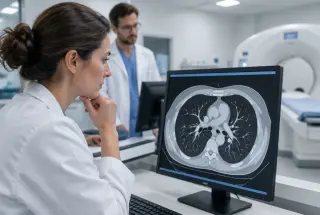 Médecins examinant un angioscanner thoracique sur un écran dans un service de radiologie.