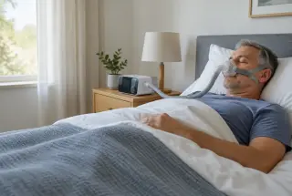Adulte dormant à domicile avec un masque de ventilation non invasive relié à un ventilateur médical posé sur une table de chevet.