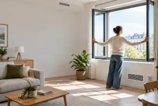 Personne ouvrant une fenêtre dans un salon lumineux pour renouveler l’air intérieur.